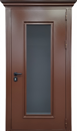 Стальная уличная термодверь с карнизом и большим остеклением (коричневое полимерное окрашивание)