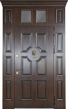 Входная группа с терморазрывом, верхней остекленной вставкой с карнизом, кнокером и отделкой МДФ со шпоном Входная группа с терморазрывом, верхней остекленной вставкой с карнизом, кнокером и отделкой МДФ со шпоном