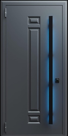 Входная термодверь с металлофиленкой, длинной ручкой с подсветкой и порошковым покрытием RAL 7021 (тип №9) Входная термодверь с металлофиленкой, длинной ручкой с подсветкой и порошковым покрытием RAL 7021 (тип №9)